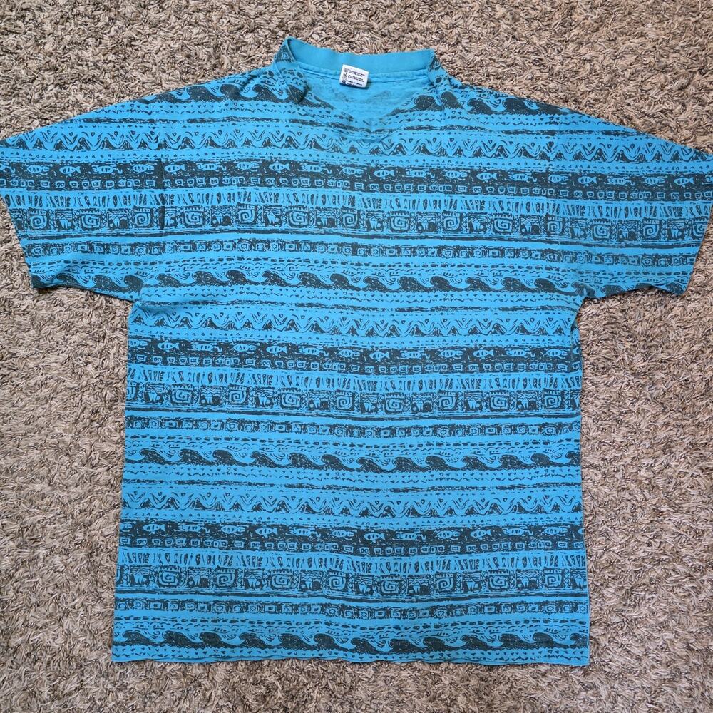 Vintage Surf T-Shirt Size XL Blue Teal AOP Geometric Aztec Fish Waves Made in US